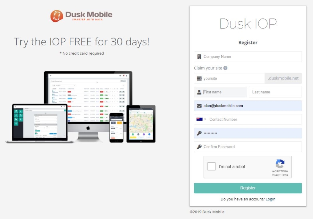 Dusk Mobile IOP Registration Page
