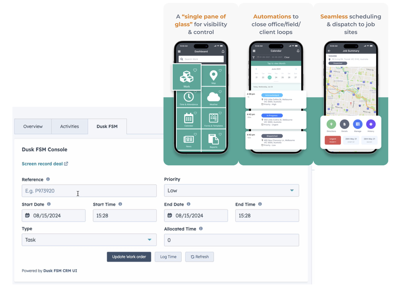 HubSpot CRM and Dusk FSM integration view