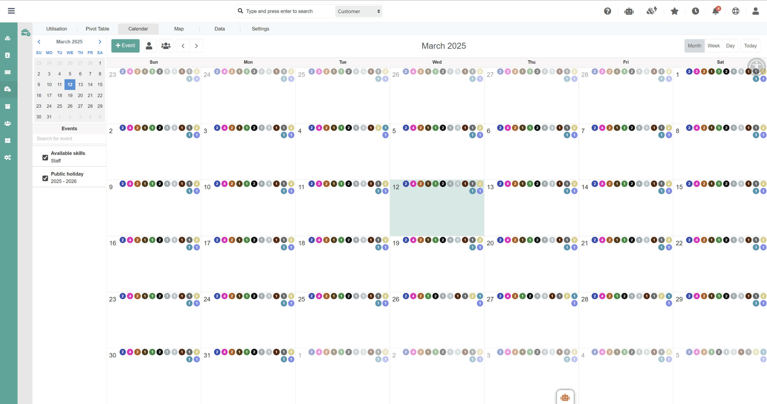 Calendar capacity view — skills per day and public holidays
