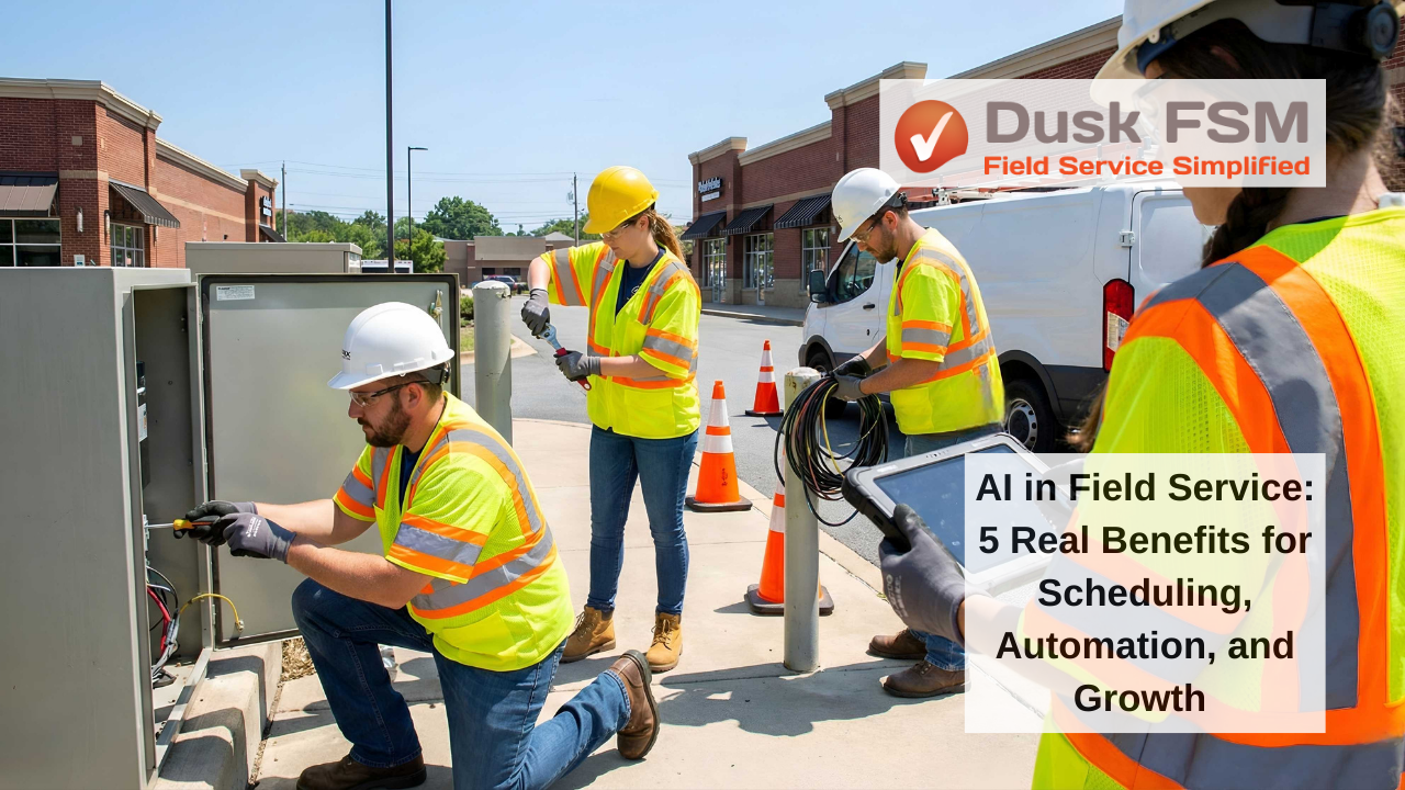Field service technicians in high visibility safety gear using a tablet and tools at a utility cabinet, representing AI powered scheduling and automation in field service management