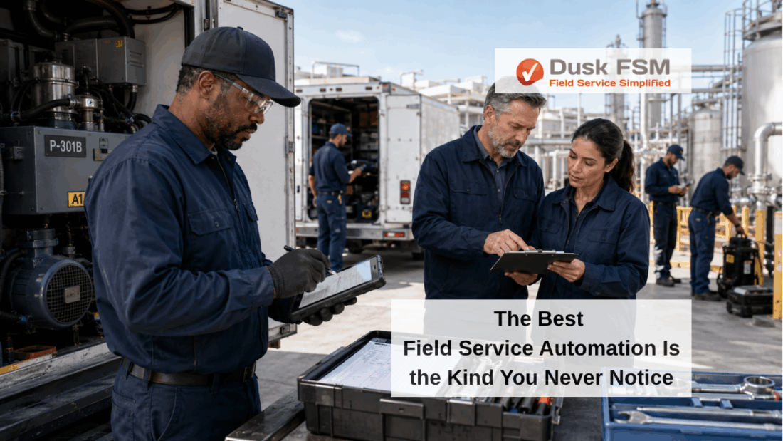Field service technicians using tablets to review job details and coordinate work on-site at an industrial facility
