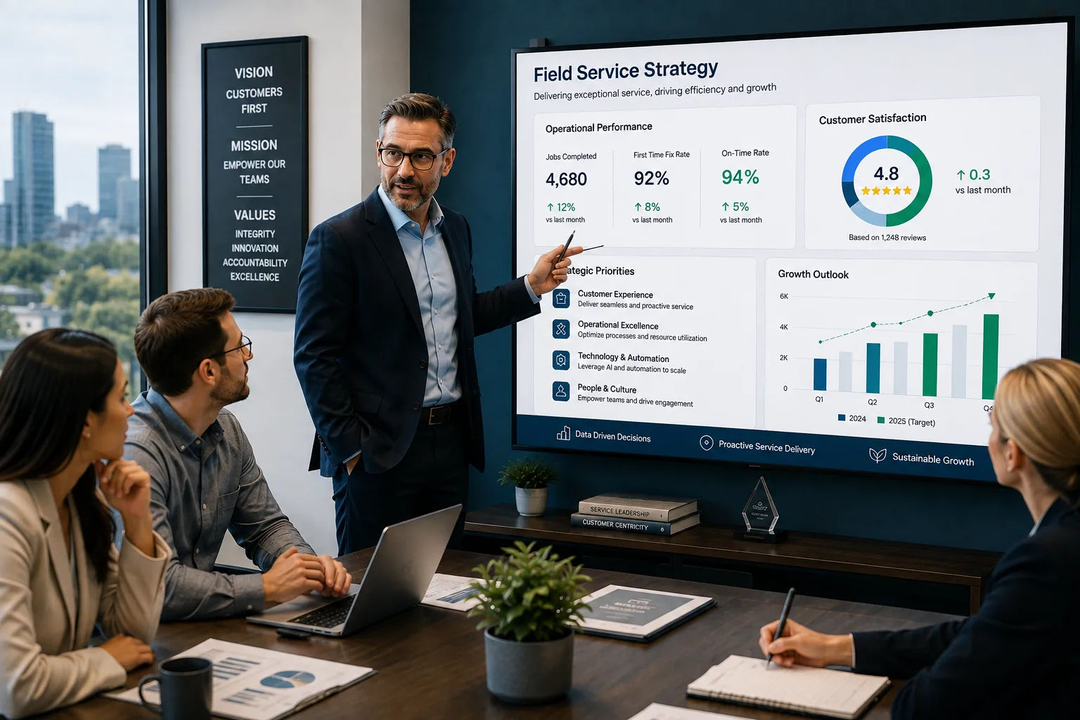 Field service executives reviewing operational strategy, performance dashboards and organisational planning to drive long-term business growth.