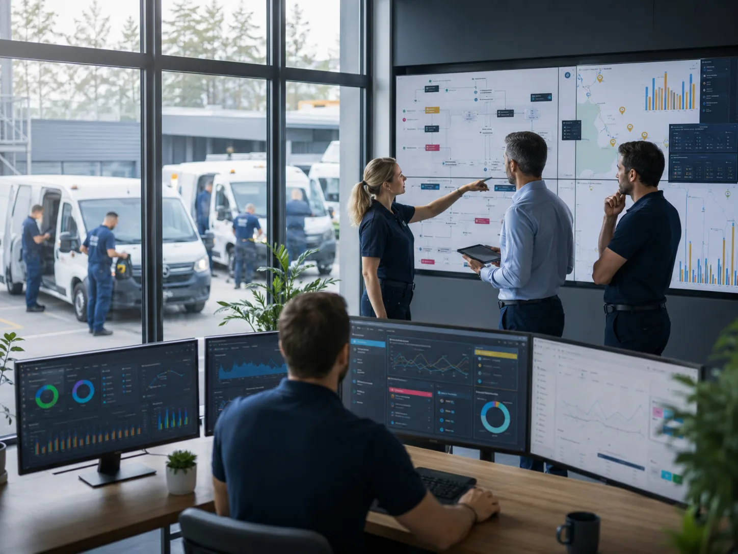 Operations managers collaborate in a modern field service operations centre using AI-powered planning dashboards that display service workflows, scheduling insights and operational analytics, while technicians prepare white service vehicles outside, demonstrating artificial intelligence supporting real-world field operations.