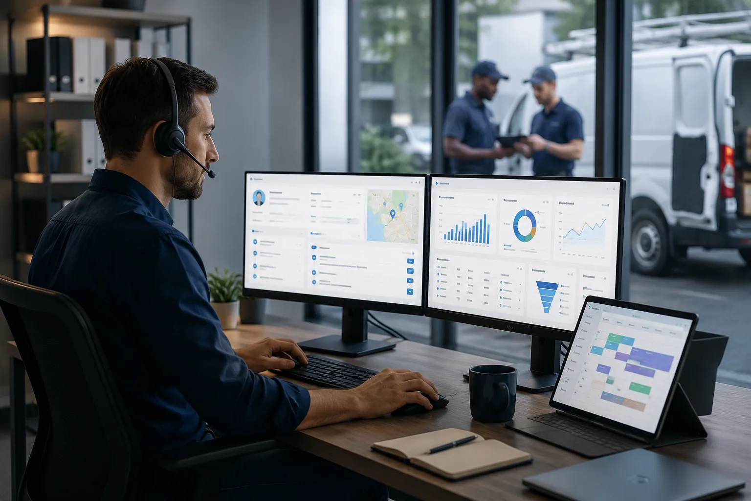 Customer service and field operations teams using an integrated CRM and field service management platform to manage customers, work orders, scheduling and real-time operational insights.