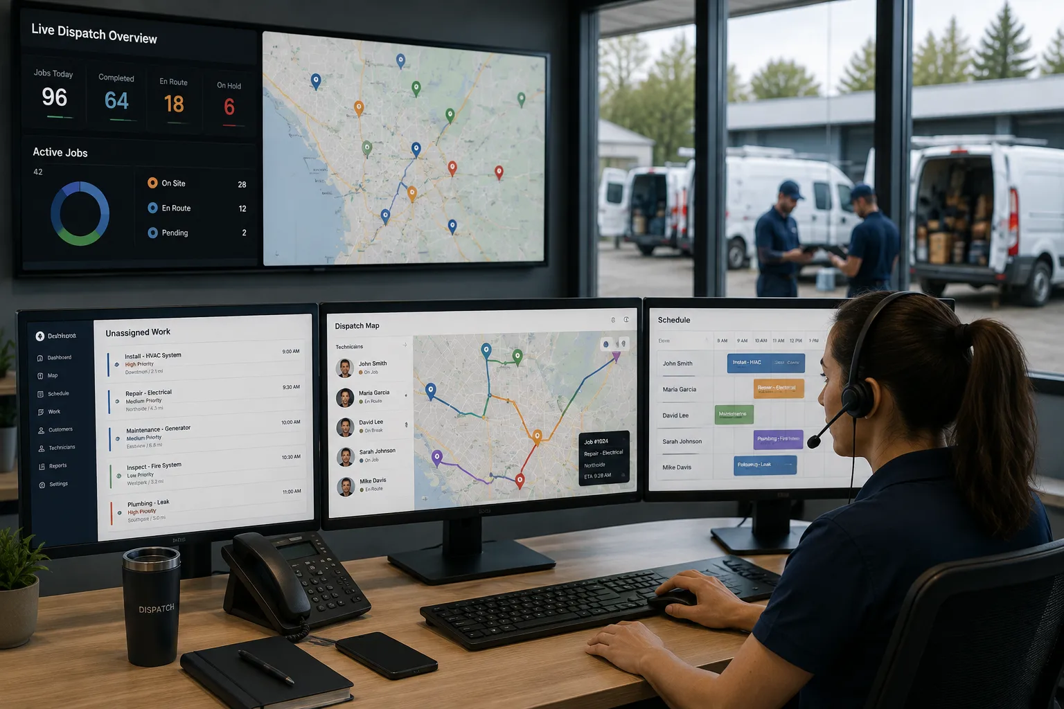 Field service dispatcher coordinating technicians, work orders and real-time schedules from a modern operations centre.