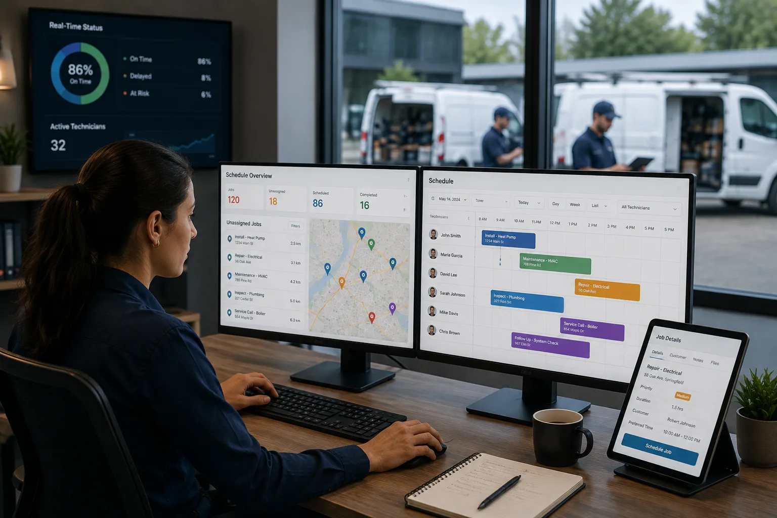 Field service planners scheduling technicians, balancing workloads and optimising workforce capacity using a modern scheduling platform.