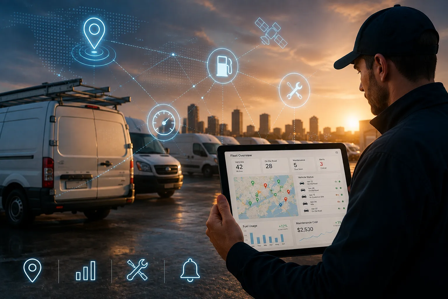 Field service vehicles, fleet managers and technicians using real-time vehicle tracking and fleet management to improve field service operations.