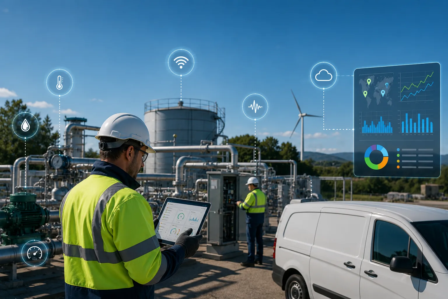 Engineers monitor connected field assets using IoT sensors and real-time operational dashboards to improve maintenance, asset visibility and proactive field service.
